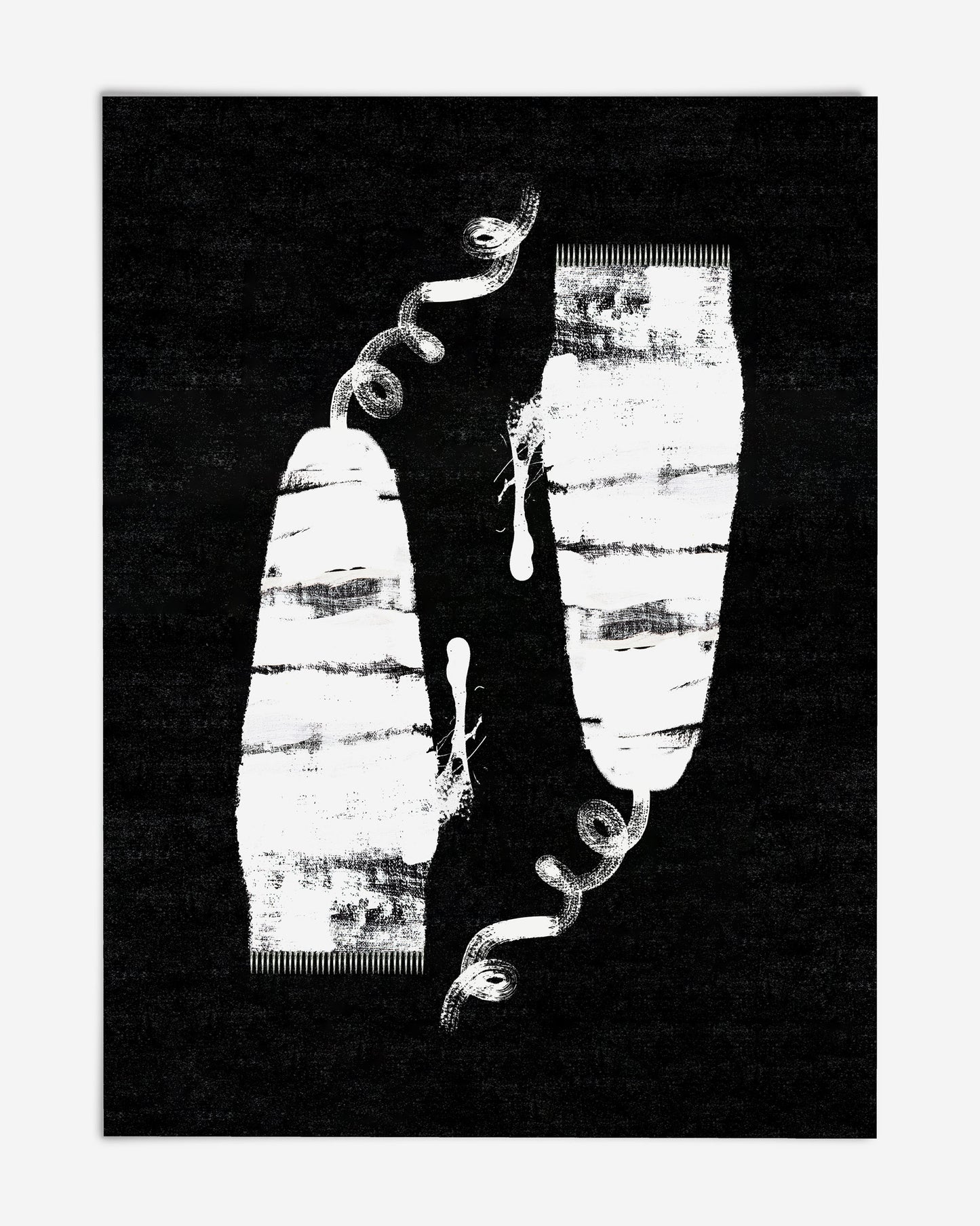 Unframed Clippers art print with two distressed white clipper shapes and curling cords on a textured black background.