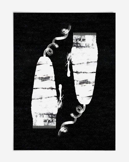 Unframed Clippers art print with two distressed white clipper shapes and curling cords on a textured black background.