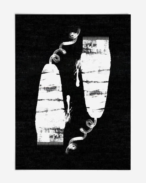 Unframed Clippers art print with two distressed white clipper shapes and curling cords on a textured black background.