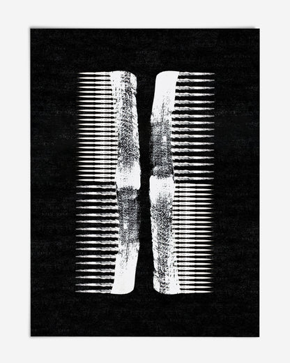 Unframed white abstract comb artwork on a textured black background.