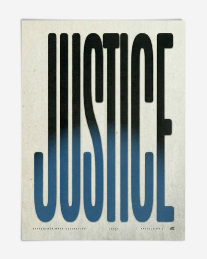 Unframed JUSTICE typography art print with elongated black-to-blue lettering on textured off-white paper