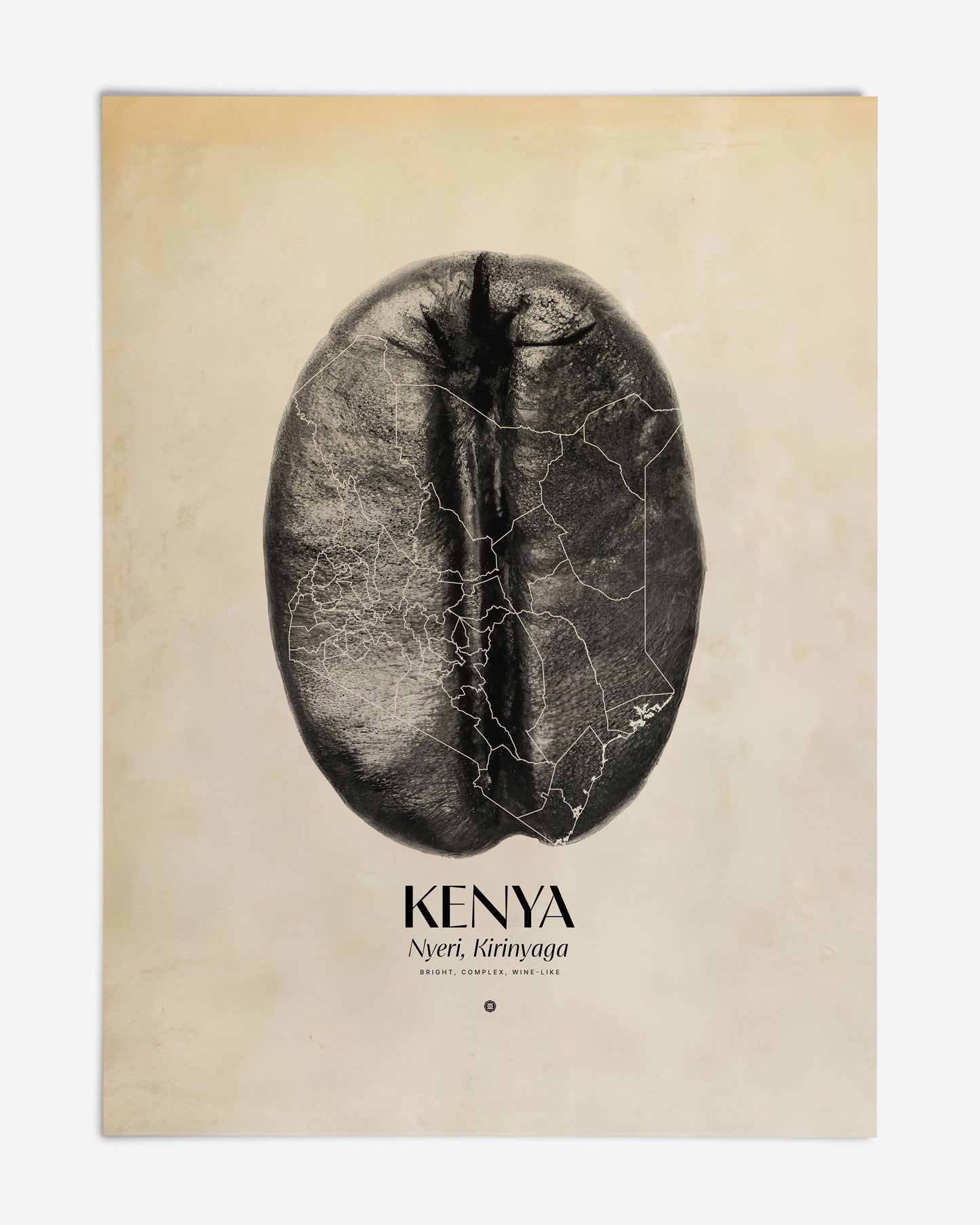 Unframed Kenya art print featuring a large coffee bean overlaid with map boundaries