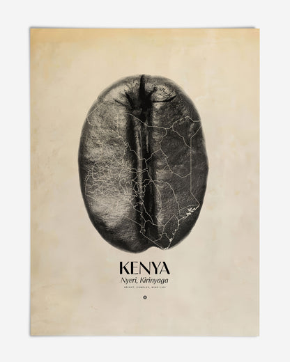 Unframed Kenya art print featuring a large coffee bean overlaid with map boundaries