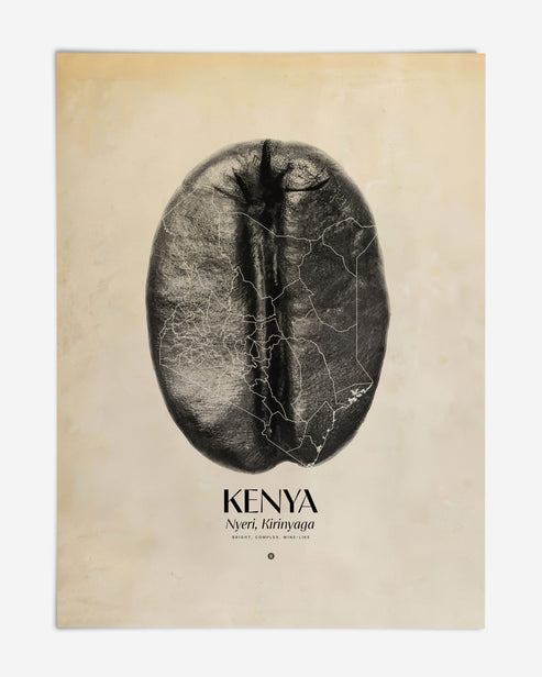 Unframed Kenya art print featuring a large coffee bean overlaid with map boundaries