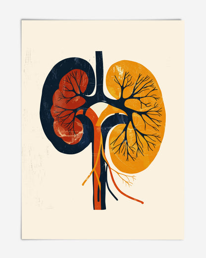 Unframed stylized kidney anatomy art print in navy, rust, and golden yellow on a cream background.