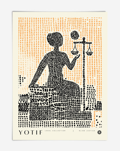 Unframed Lady Justice art print with a seated figure and balanced scales rendered in black marks over orange and black dot patterns.