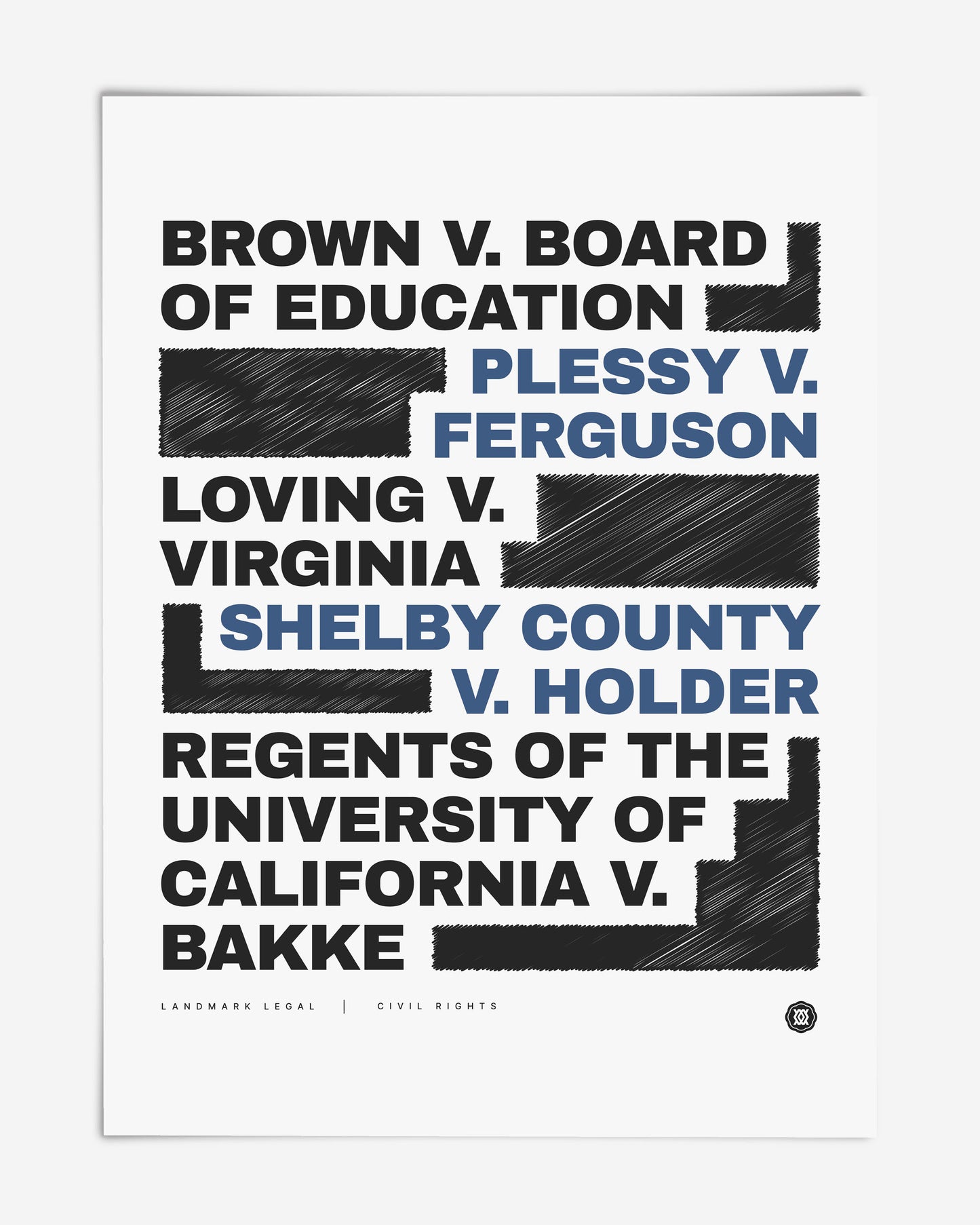 Unframed civil rights art print listing Brown v. Board of Education, Plessy v. Ferguson, Loving v. Virginia, Shelby County v. Holder, and Regents of the University of California v. Bakke.