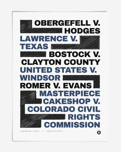 Unframed LGBTQ rights art print listing landmark court cases in black and blue typography.