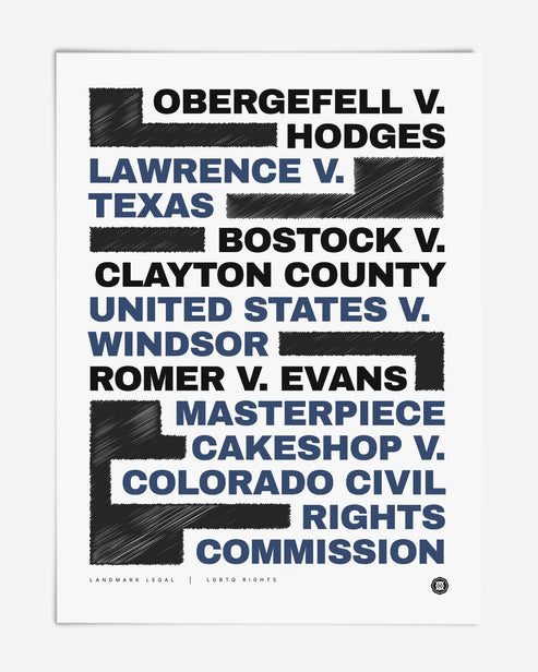 Unframed LGBTQ rights art print listing landmark court cases in black and blue typography.
