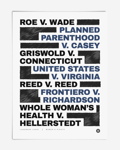 Unframed women's rights artwork listing landmark legal cases in bold black and blue type with scribbled blocks.