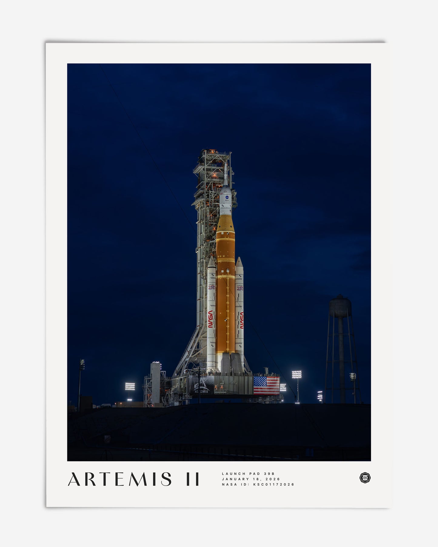Unframed Artemis II art print showing a NASA rocket on an illuminated launch pad at night.