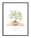 Illustration of a tree growing from the pages of an open book with the phrase "Growth through learning"