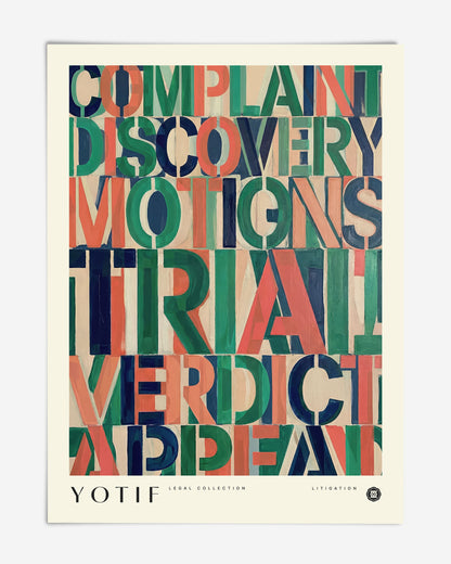 Unframed legal-themed art print with layered green, coral, navy, and cream words including complaint, discovery, motions, trial, verdict, and appeal.