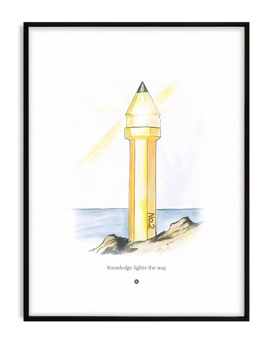 Wall art print of a yellow No. 2 pencil designed as a lighthouse with the phrase “Knowledge lights the way”
