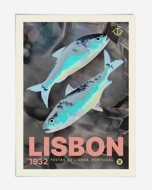 Unframed Lisbon 1932 art print featuring two iridescent fish on a dark gray background.