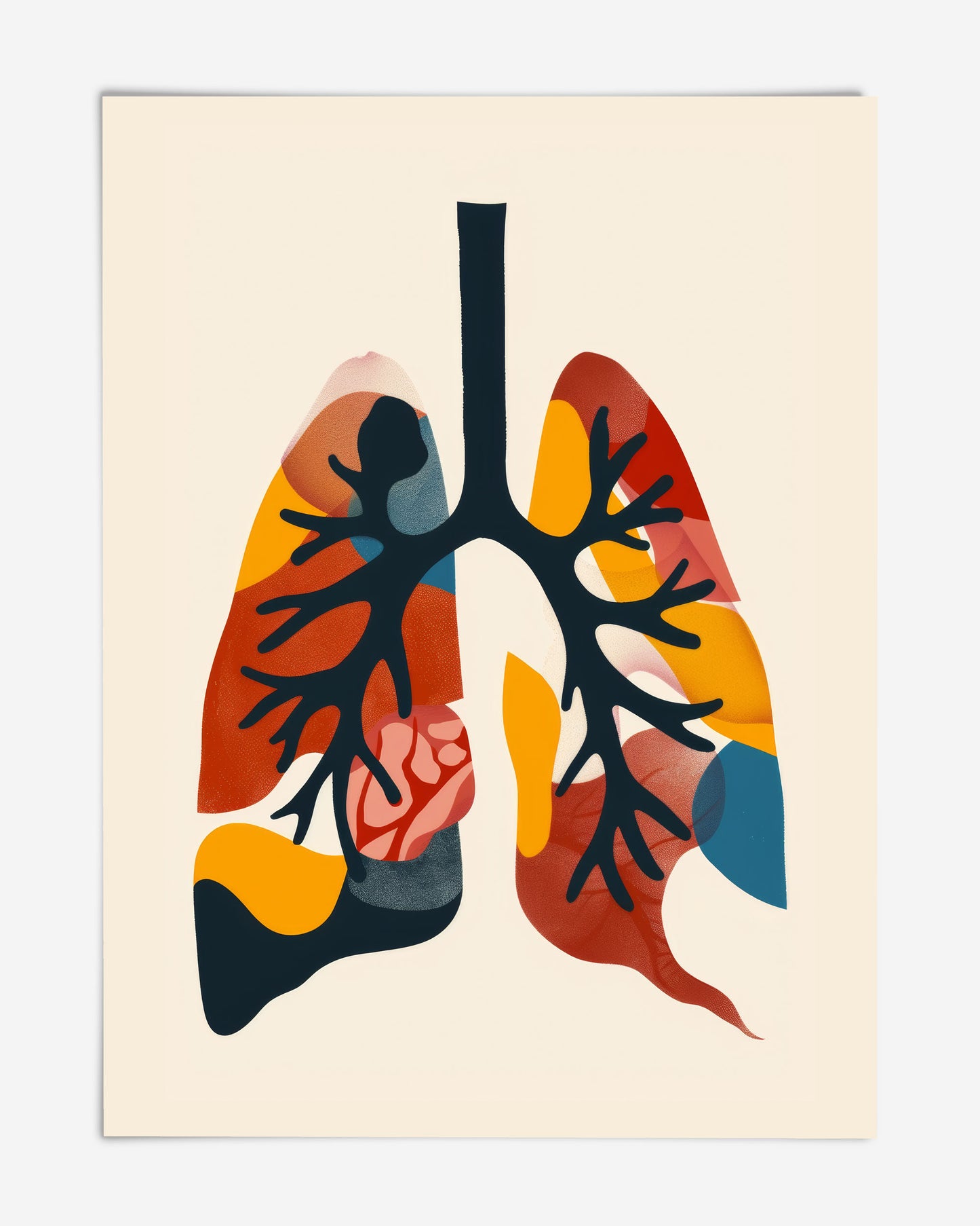 Unframed abstract lung anatomy art print with dark branching airways and overlapping red, yellow, pink, and blue shapes.