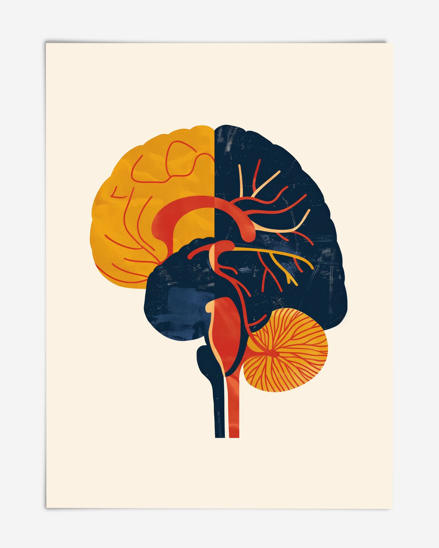 Unframed abstract anatomical brain art print in mustard yellow, navy blue, red, and orange on a cream background.