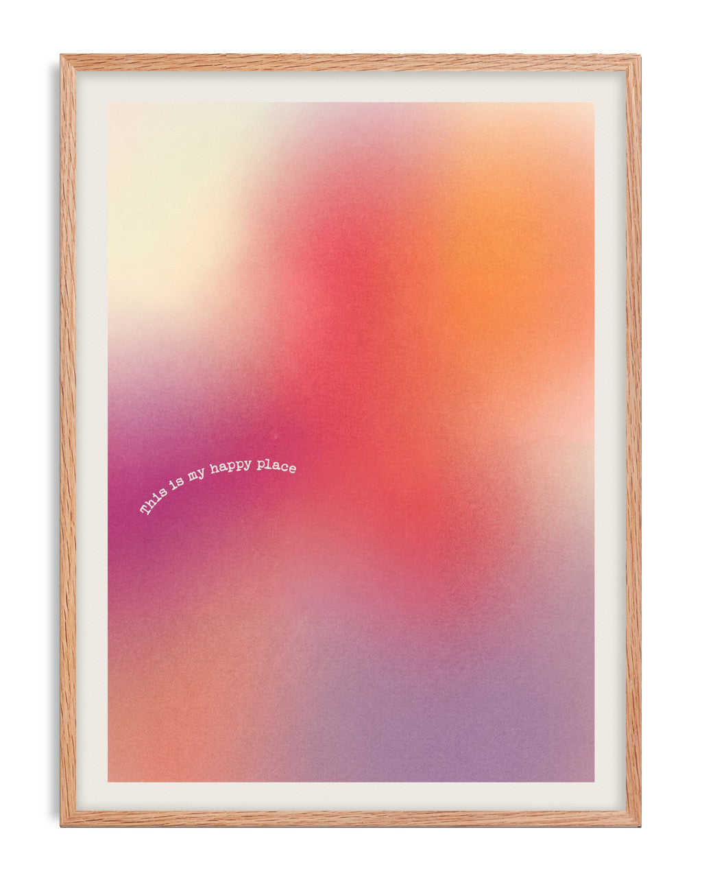 Oak-framed abstract gradient art print in pink, orange, purple, and cream with the words “This is my happy place.”