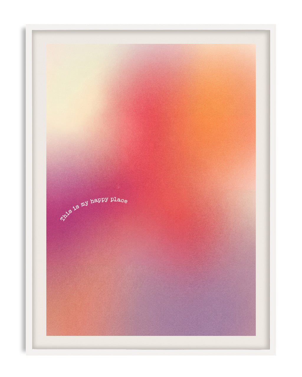 White-framed abstract gradient art print in pink, orange, purple, and cream with the words “This is my happy place.”