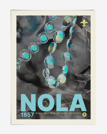 Unframed NOLA 1857 Mardi Gras art print featuring iridescent bead strands and a fleur-de-lis over grayscale fabric.