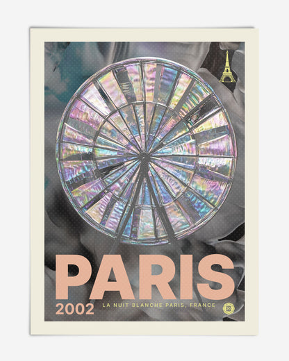 Unframed Paris 2002 art print featuring an iridescent Ferris wheel and a small Eiffel Tower icon.