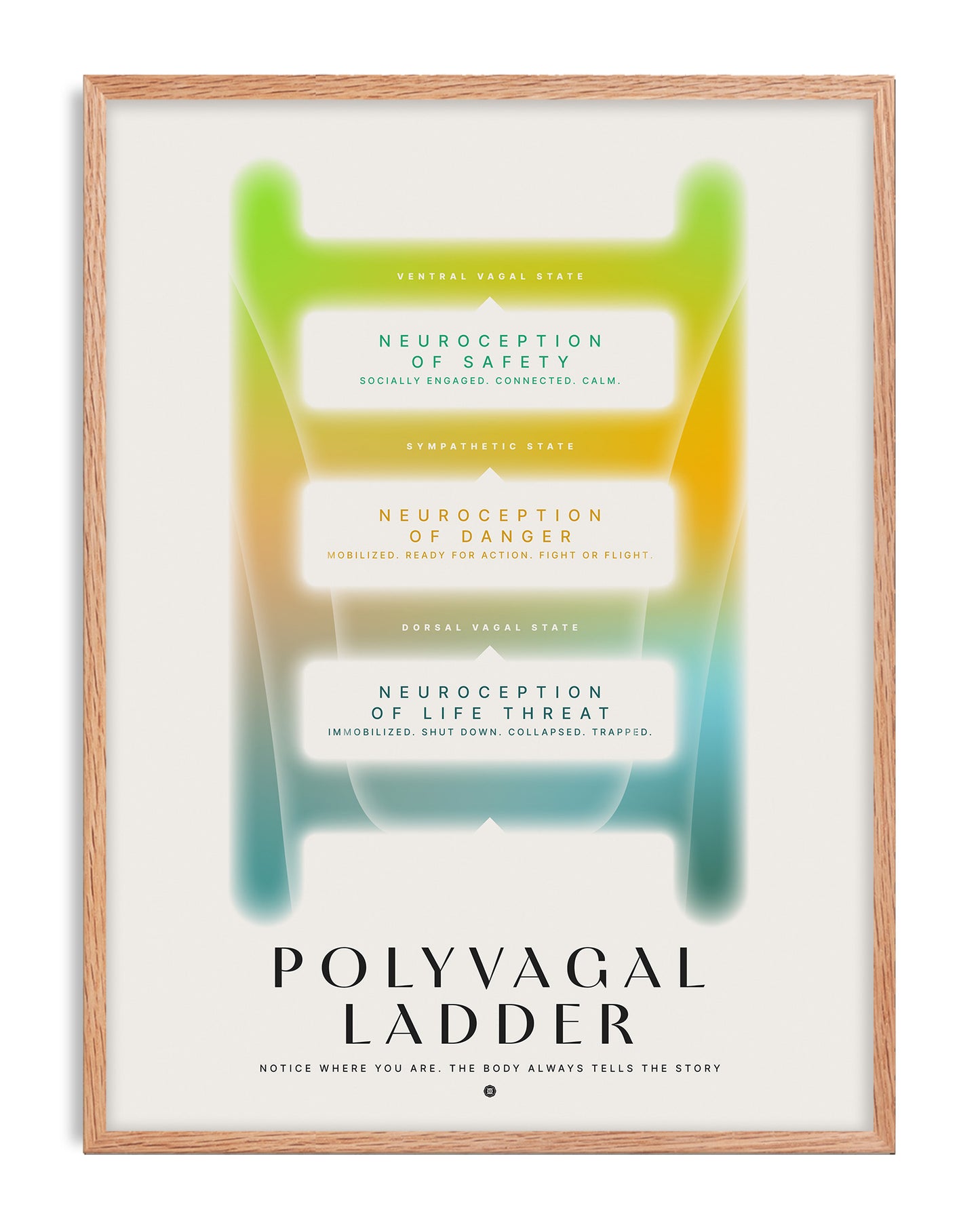 Oak-framed Polyvagal Ladder diagram showing green, yellow, and teal nervous-system states.