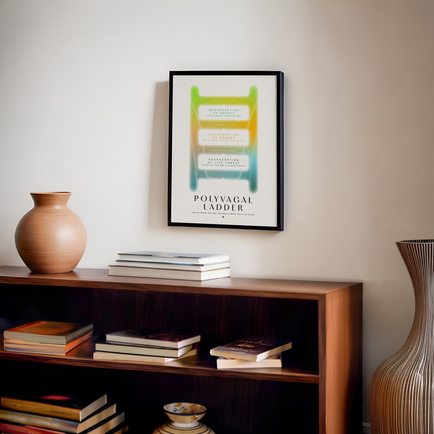Polyvagal ladder diagram showing nervous system states, hanging bookshelf, designed for therapists and mental health spaces