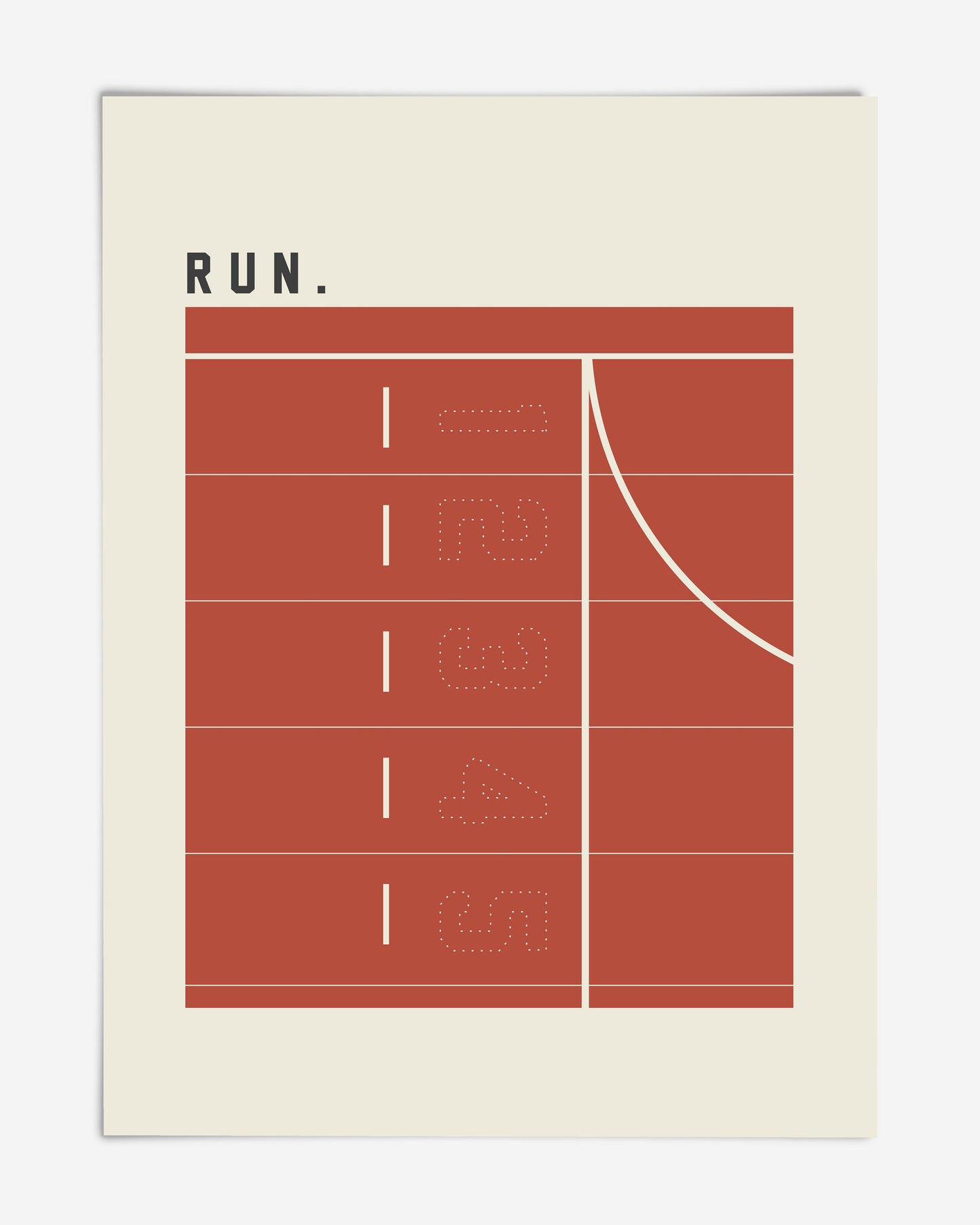 Unframed Run artwork with a terracotta running track, numbered lanes, and a curved cream line on a cream background.