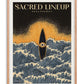 Oak-framed Sacred Lineup Oahu Hawaii artwork featuring an eye-marked surfboard amid blue waves beneath a golden swell.