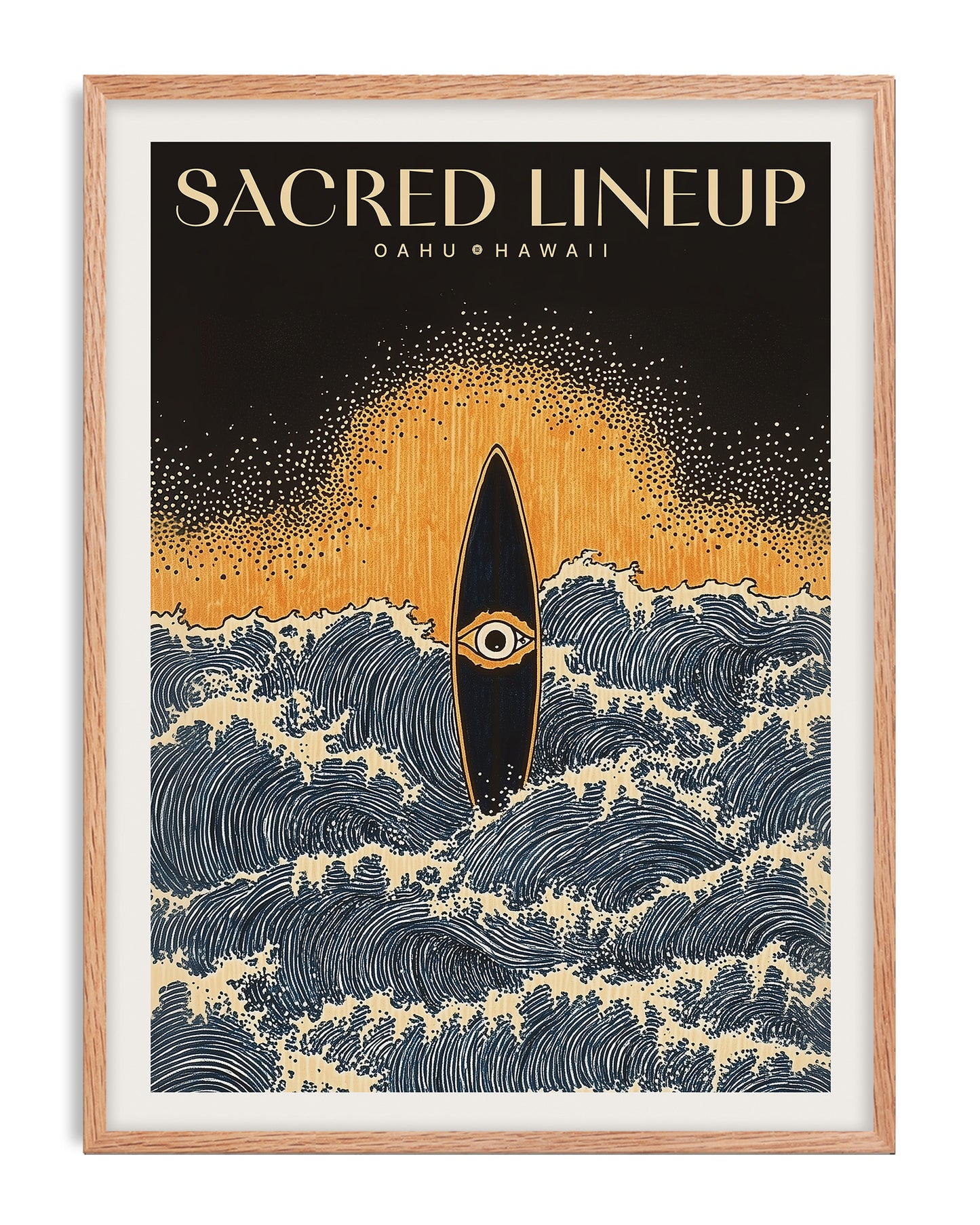 Oak-framed Sacred Lineup Oahu Hawaii artwork featuring an eye-marked surfboard amid blue waves beneath a golden swell.