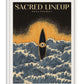White-framed Sacred Lineup Oahu Hawaii artwork featuring an eye-marked surfboard amid blue waves beneath a golden swell.