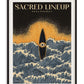 Black-framed Sacred Lineup Oahu Hawaii artwork featuring an eye-marked surfboard amid blue waves beneath a golden swell.