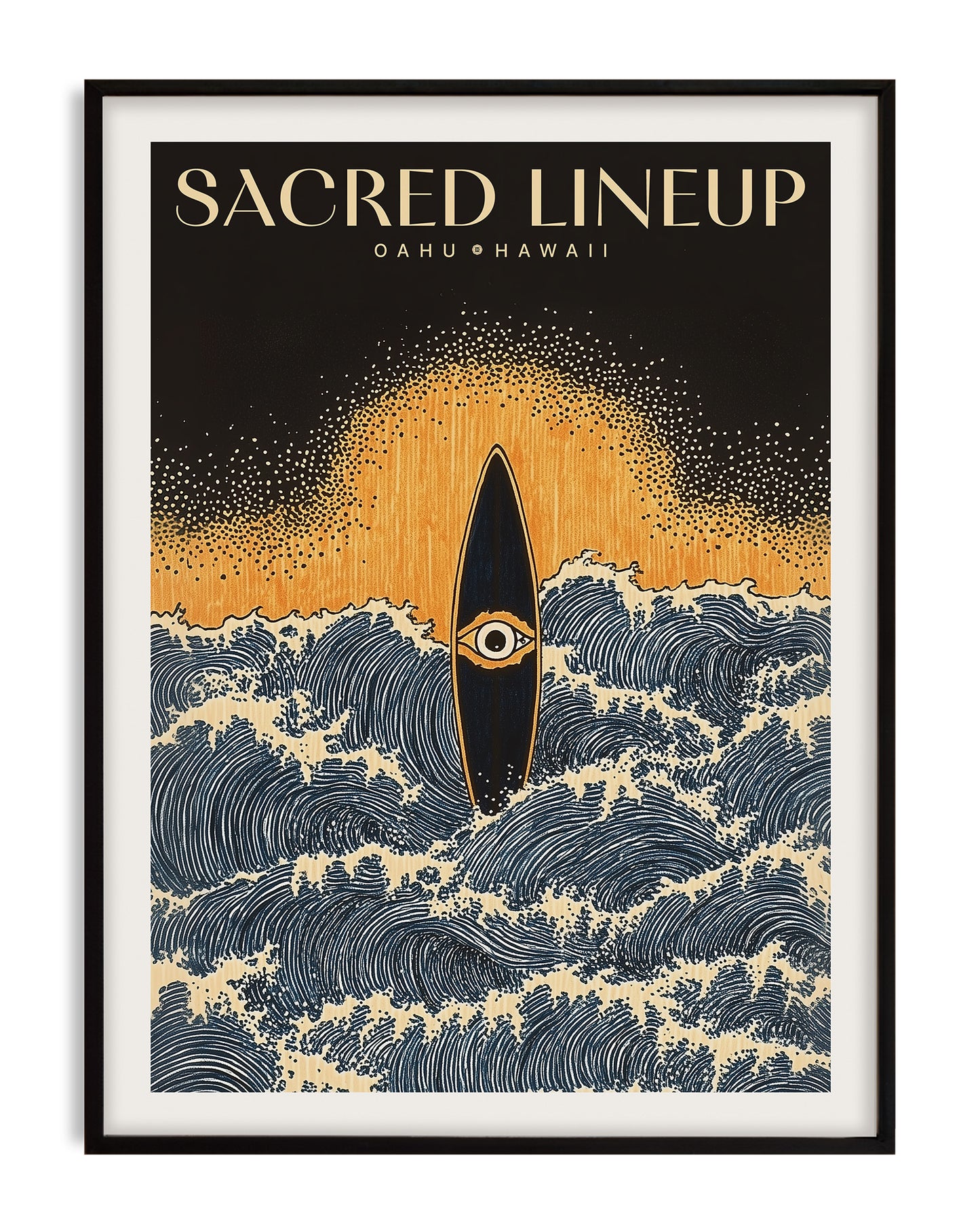 Black-framed Sacred Lineup Oahu Hawaii artwork featuring an eye-marked surfboard amid blue waves beneath a golden swell.