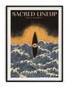 Stylized surf art print featuring a lone surfboard with an eye motif in swirling ocean waves, titled Sacred Lineup