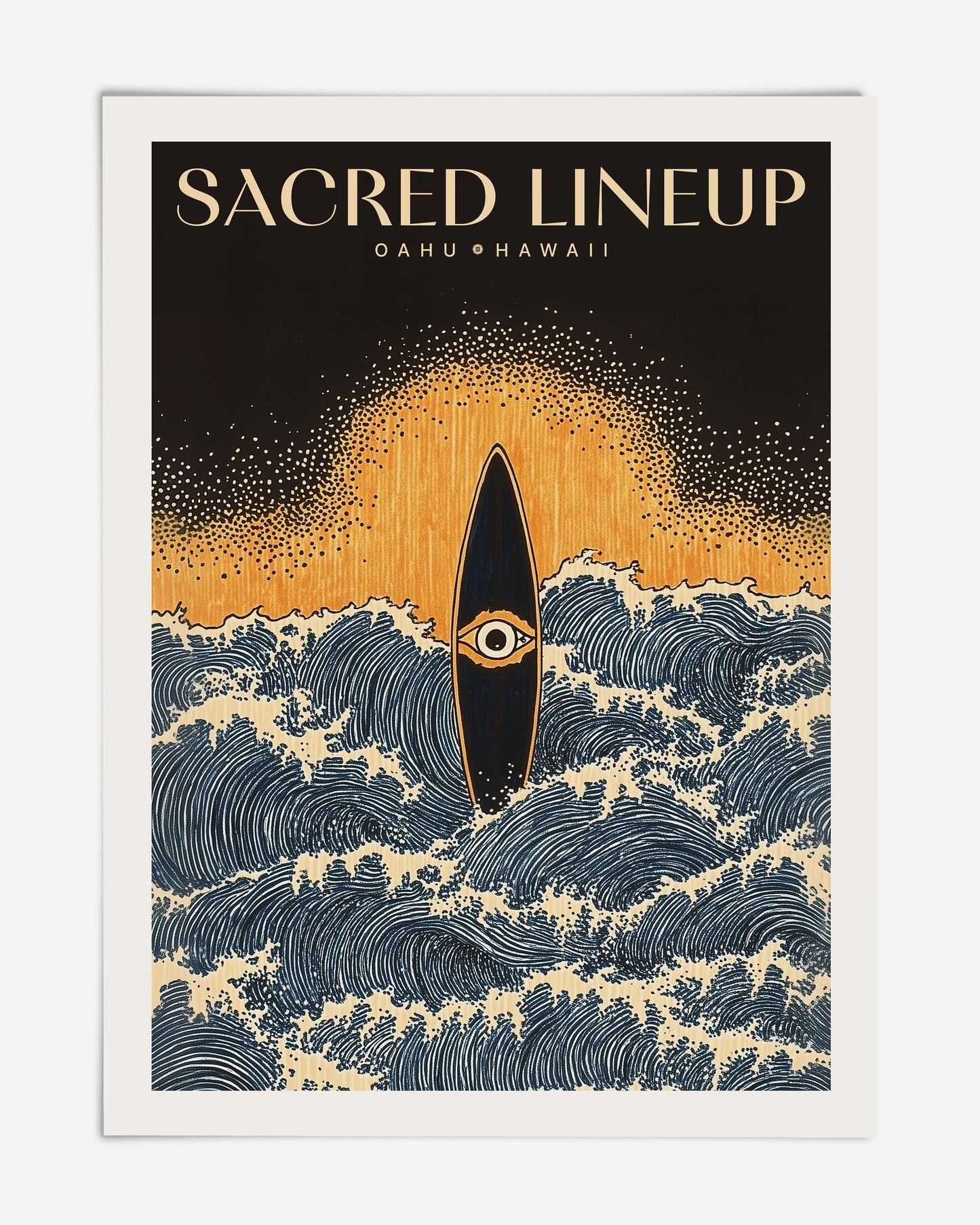 Unframed Sacred Lineup Oahu Hawaii art print featuring an eye-marked surfboard amid blue waves beneath a golden swell.