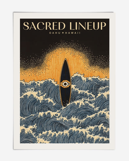 Unframed Sacred Lineup Oahu Hawaii art print featuring an eye-marked surfboard amid blue waves beneath a golden swell.