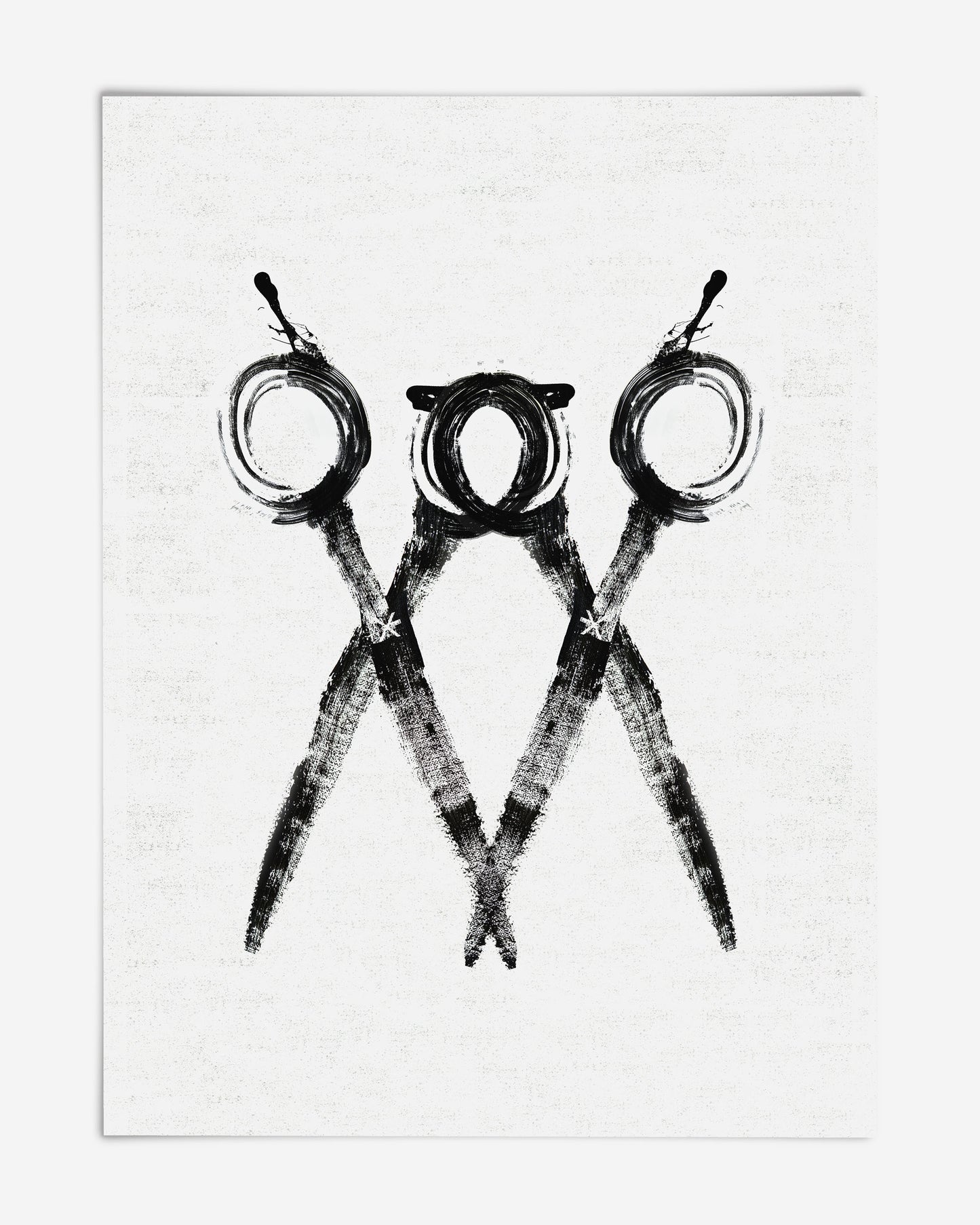 Unframed monochrome art print of three overlapping scissors with circular handles.