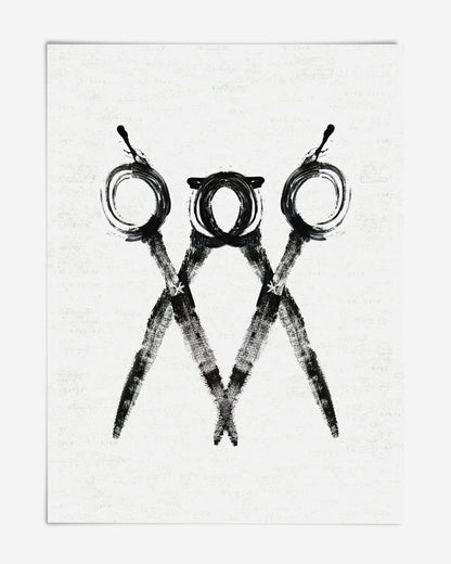Unframed monochrome art print of three overlapping scissors with circular handles.