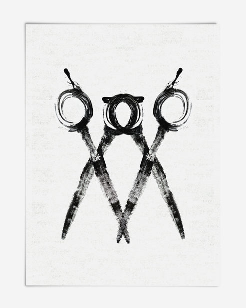 Unframed monochrome art print of three overlapping scissors with circular handles.