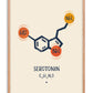 Oak-framed Serotonin molecule artwork with a navy chemical structure, orange accents, and the formula C10H12N2O on a cream background.