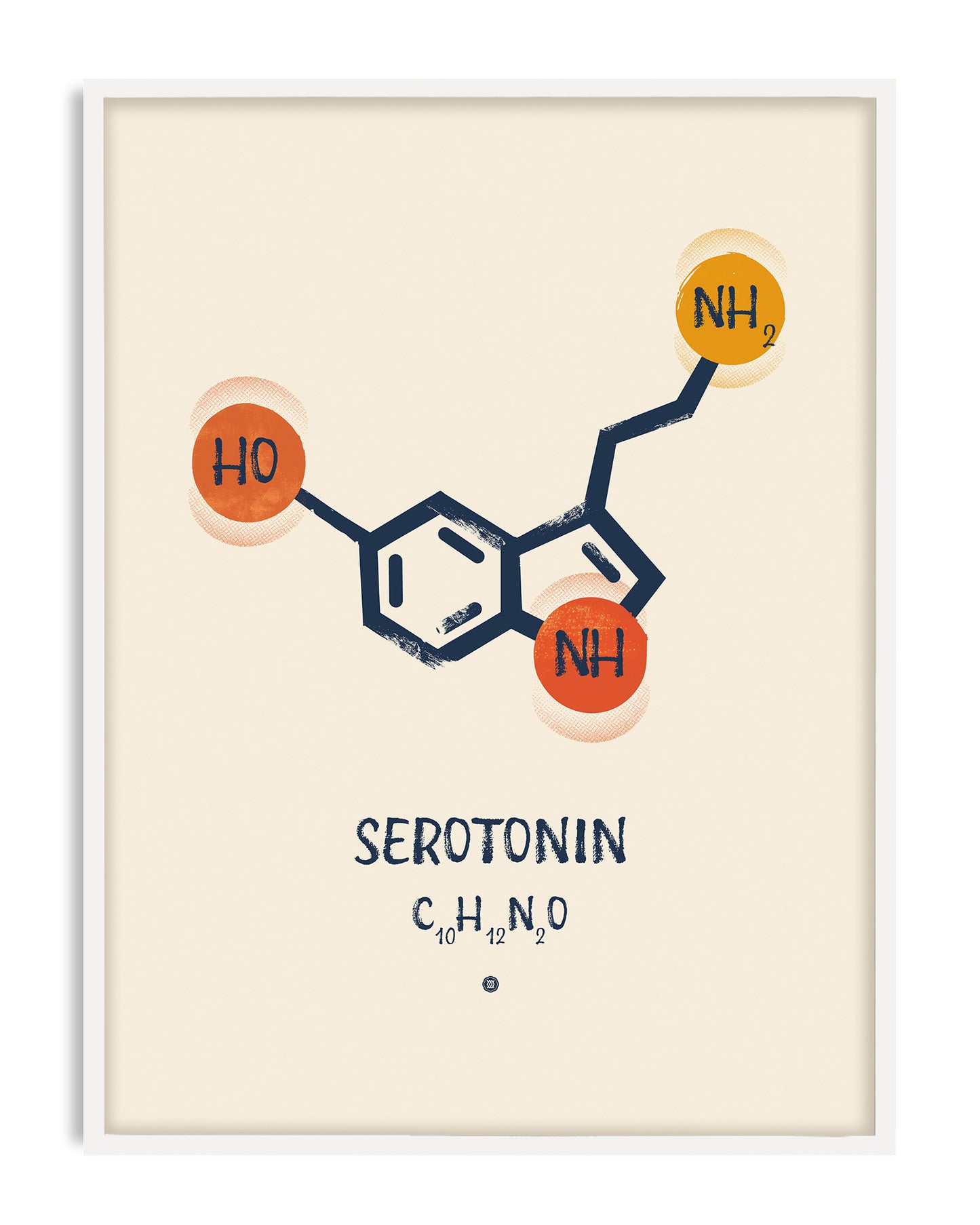 White-framed Serotonin molecule artwork with a navy chemical structure, orange accents, and the formula C10H12N2O on a cream background.