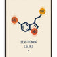 Black-framed Serotonin molecule artwork with a navy chemical structure, orange accents, and the formula C10H12N2O on a cream background.