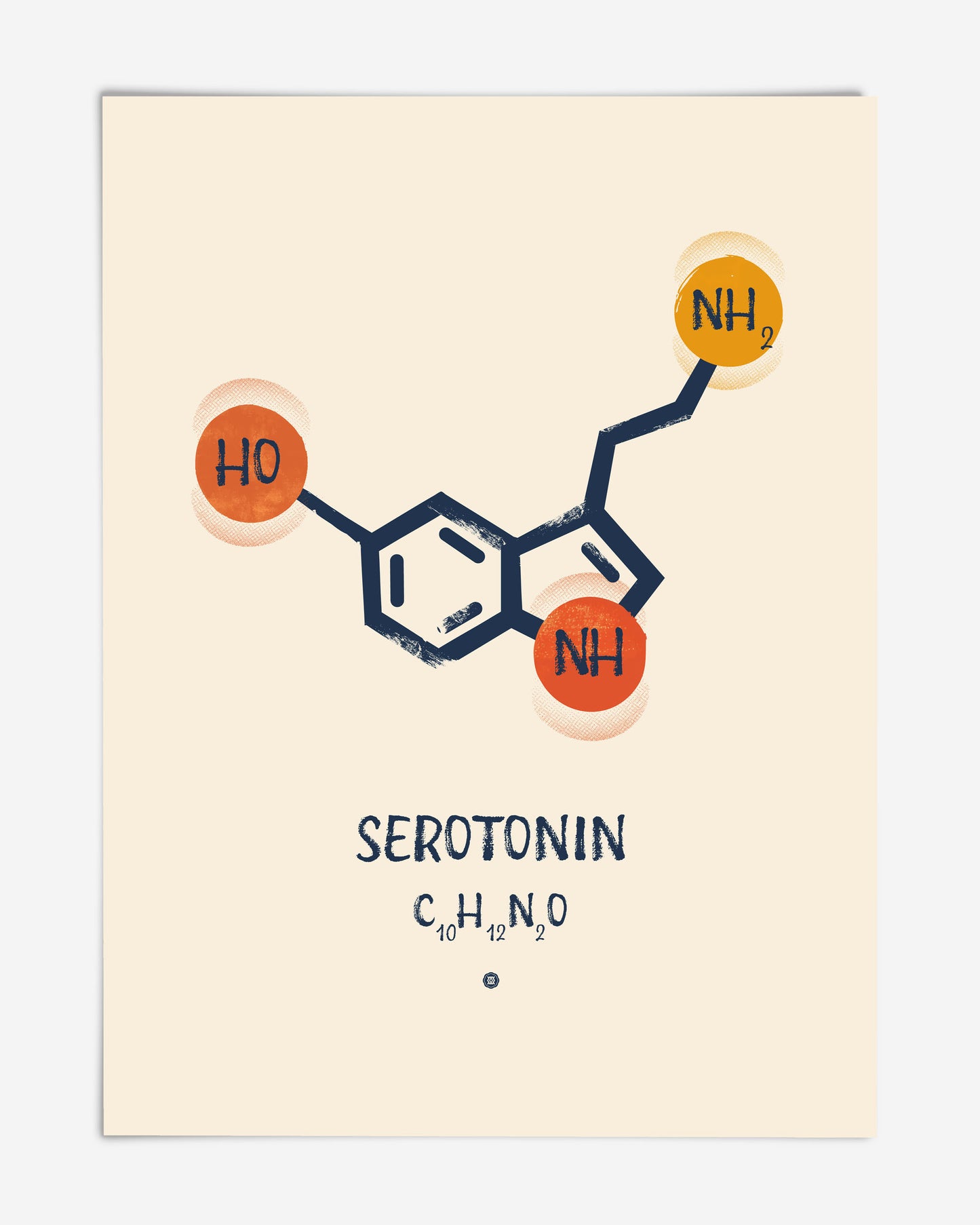 Unframed Serotonin molecule art print with a navy chemical structure, orange accents, and the formula C10H12N2O on a cream background.
