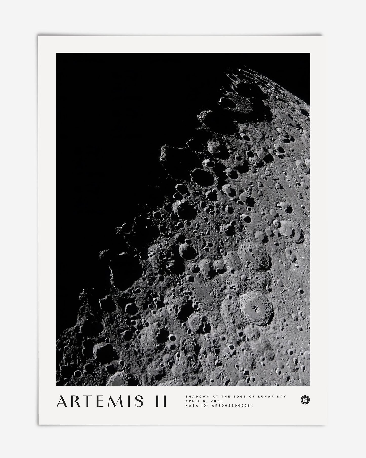 Unframed Artemis II art print featuring a black-and-white view of the Moon’s heavily cratered surface against deep black space.