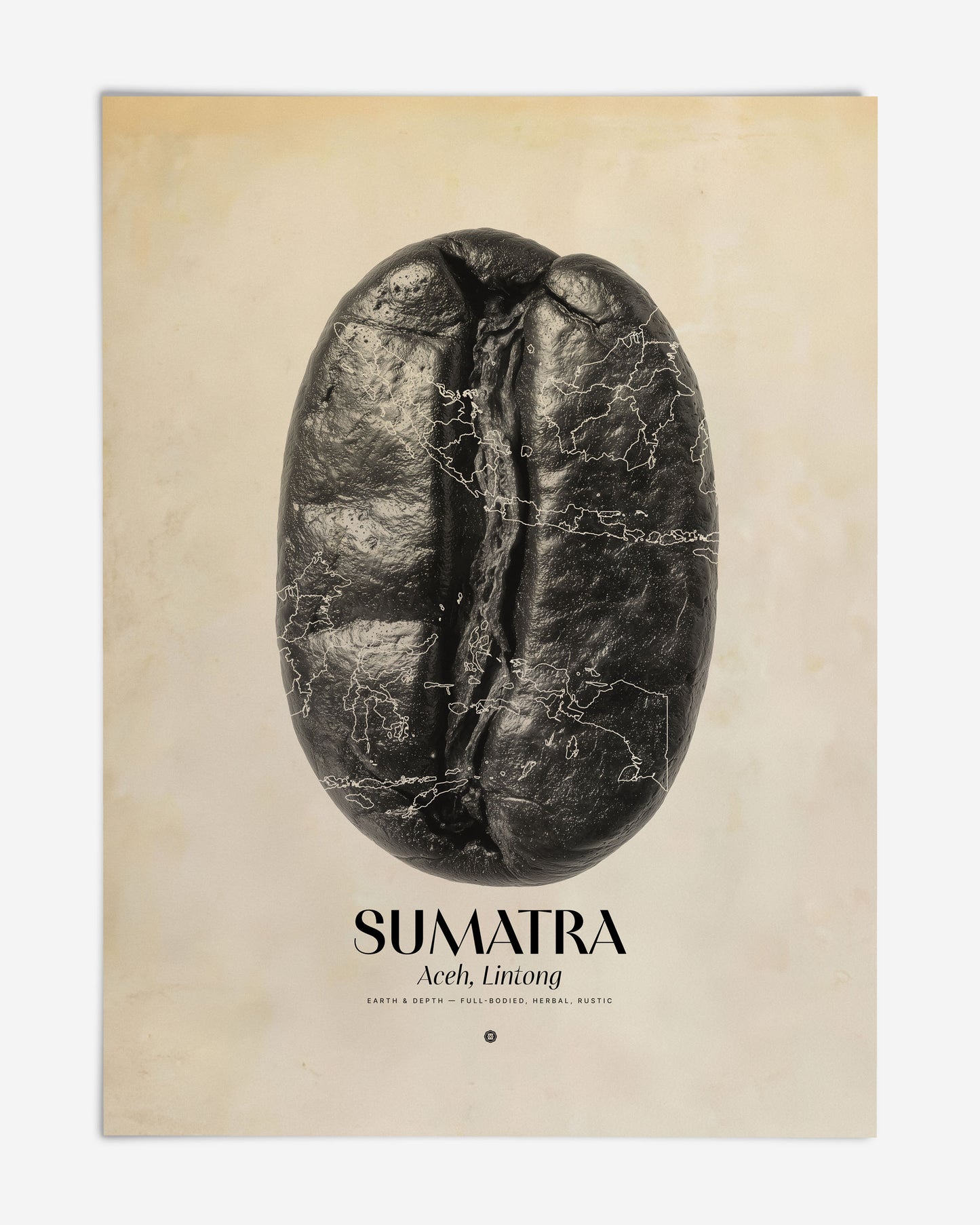 Unframed Sumatra Aceh, Lintong art print featuring a black coffee bean overlaid with map outlines.