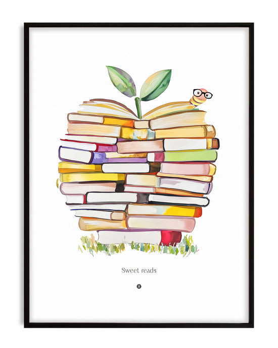 Illustrated book stack shaped like an apple with a bookworm wearing glasses, captioned “Sweet Reads”
