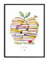 Illustrated book stack shaped like an apple with a bookworm wearing glasses, captioned “Sweet Reads”