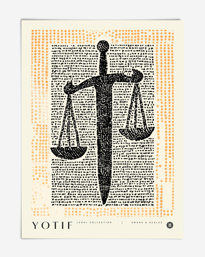 Unframed Sword & Scales art print featuring a black sword and hanging scales over dense marks with an orange dotted border.