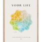 Oak-framed Your Life artwork with overlapping translucent yellow, green, and blue abstract forms.