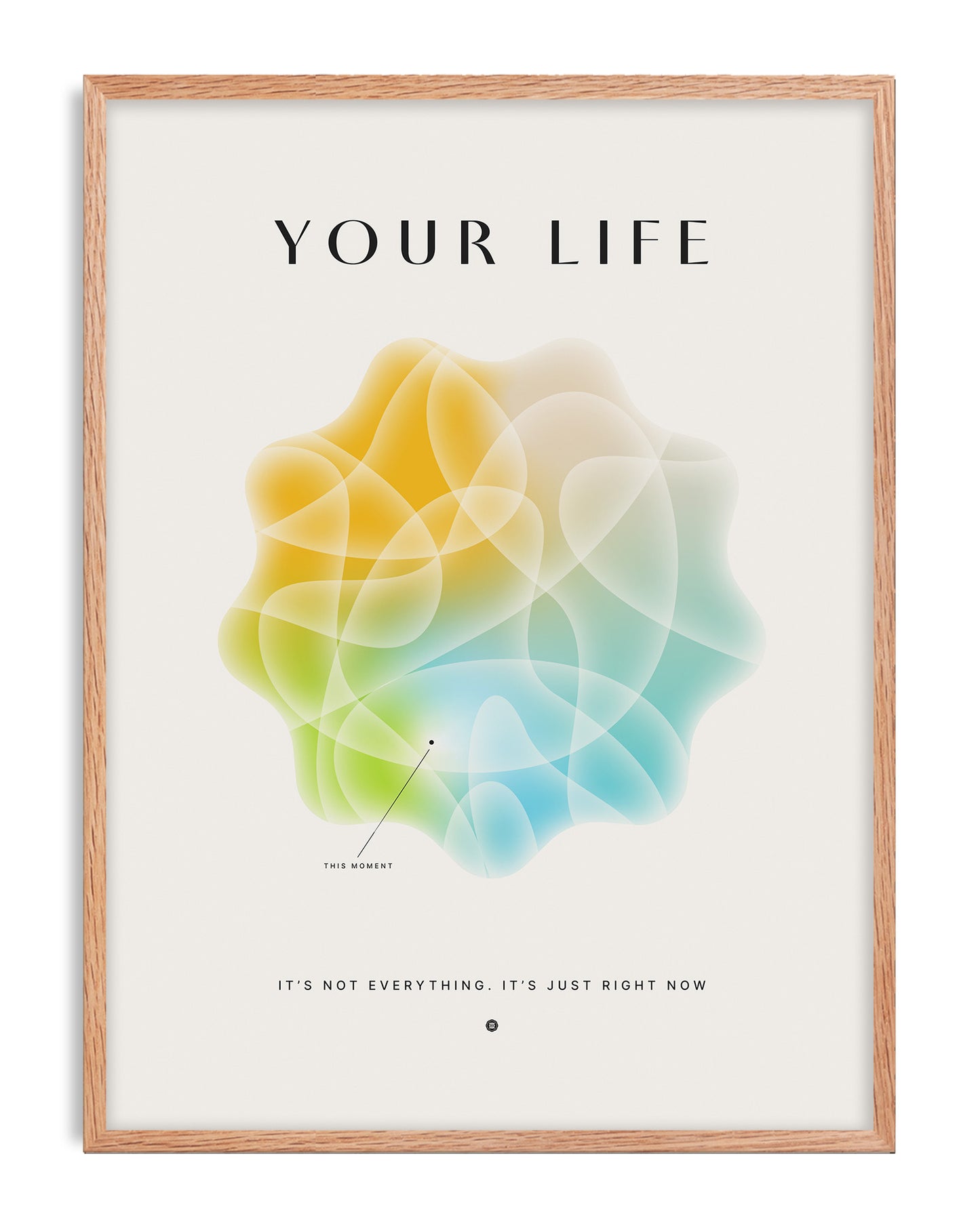 Oak-framed Your Life artwork with overlapping translucent yellow, green, and blue abstract forms.